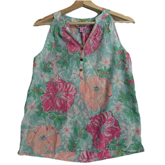 Lilly Pulitzer Medium Silk Sleeveless Top V Neck Bloom Tropical Beach Vacation - Picture 1 of 7
